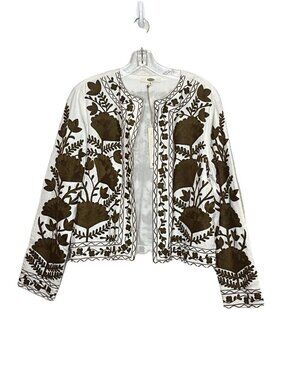 Dolma White Brown Floral Embroidered Cotton Jacket Boho Coastal Sz Small NWT